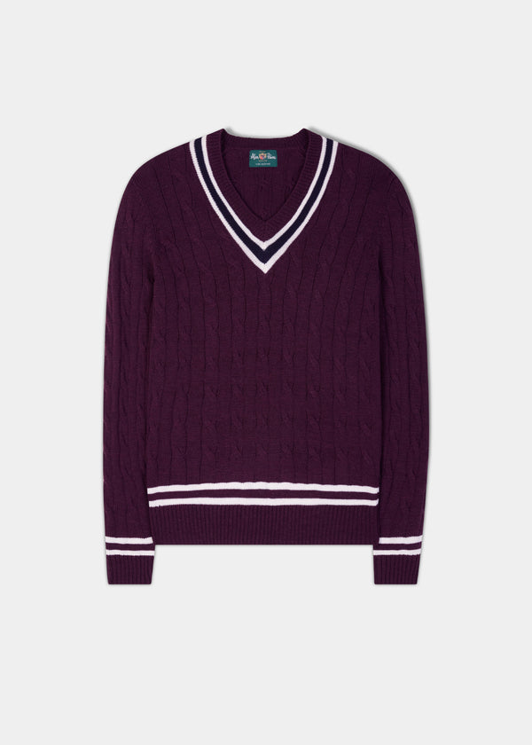 alan paine Grafton Men's Merino Wool Cable Cricket Jumper In Black Grape - Regular Fit