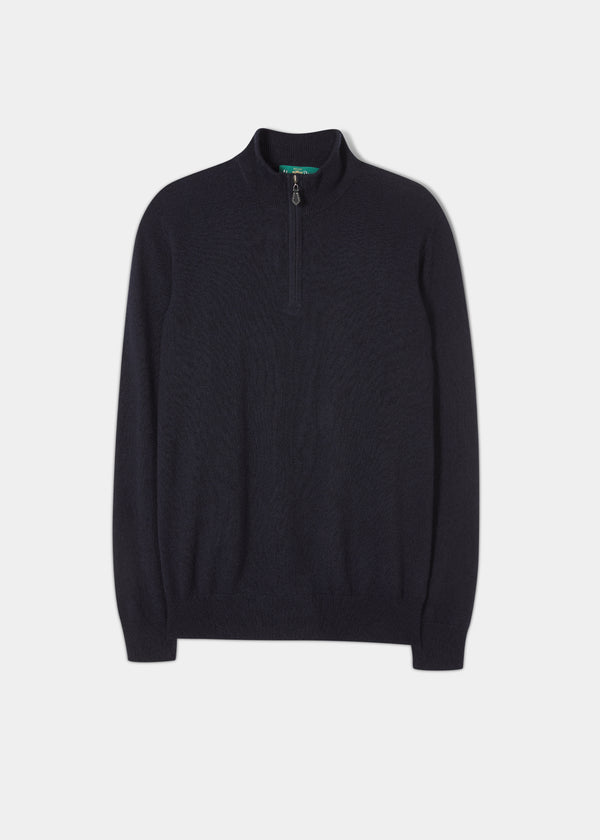 alan paine Hanbury Cashmere Zipped Mock Neck Jumper in Dark Navy - Regular Fit