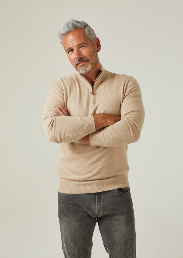 Alan Paine Hanbury Cashmere Zipped Mock Neck Jumper In Linen - Regular Fit