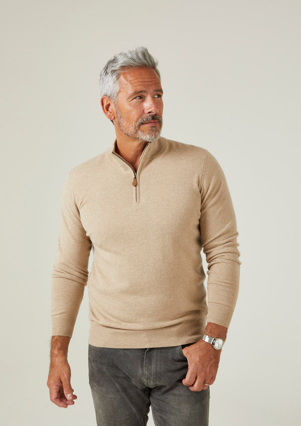 Alan Paine Hanbury Cashmere Zipped Mock Neck Jumper In Linen - Regular Fit