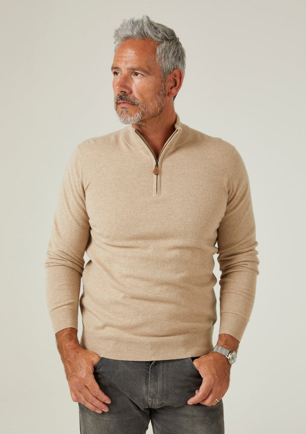 Alan Paine Hanbury Cashmere Zipped Mock Neck Jumper In Linen - Regular Fit