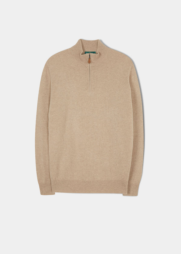alan paine Hanbury Cashmere Zipped Mock Neck Jumper in Linen - Regular Fit