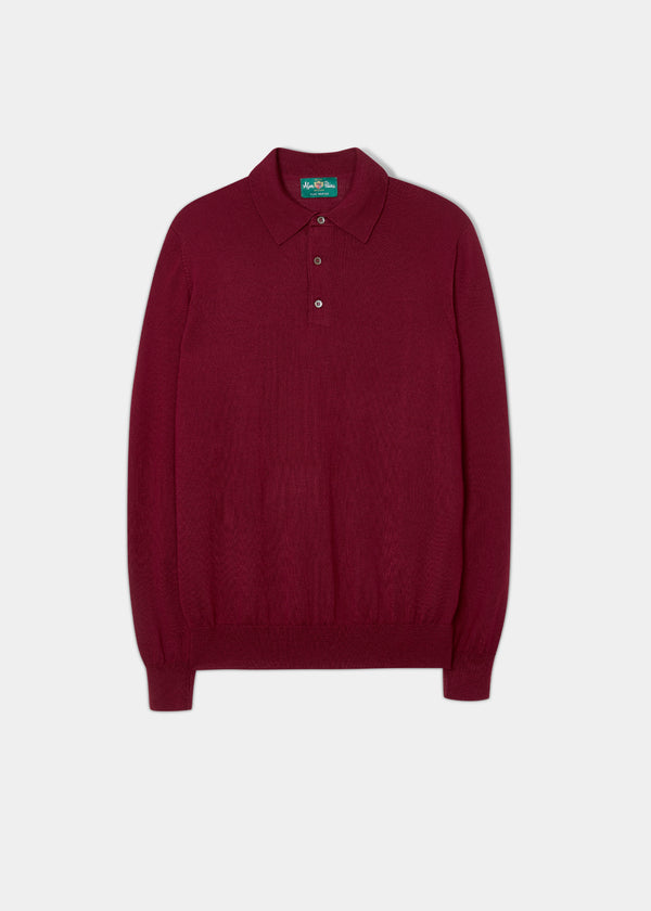 alan paine Hindhead Men's Merino Wool Polo Shirt in Bordeaux - Regular Fit