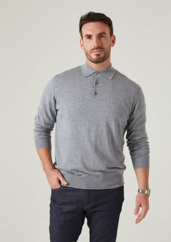 Alan Paine Hindhead Men's Merino Wool Polo Shirt In Light Grey Mix - Regular Fit