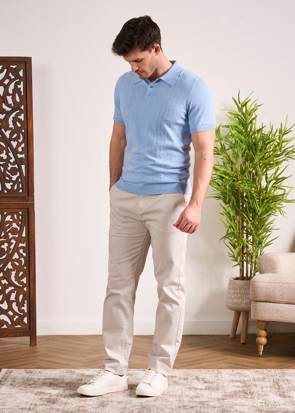 Alan Paine Knighton Luxury Cotton Polo With Pointelle Detail In Steel Blue