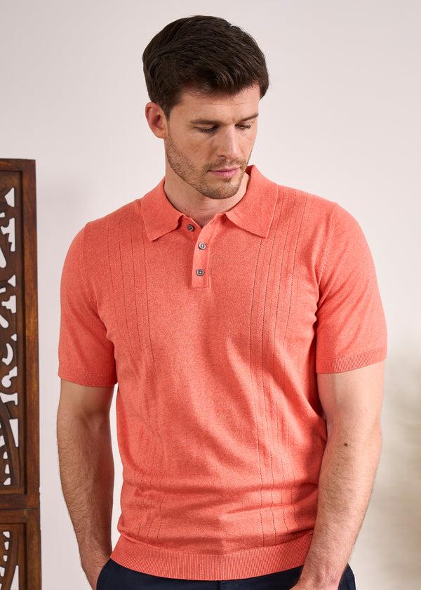 Alan Paine Knighton Luxury Cotton Polo With Pointelle Detail In Coral