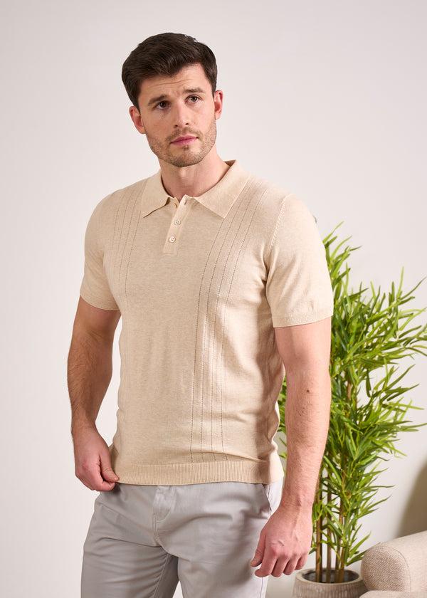 Alan Paine Knighton Luxury Cotton Polo With Pointelle Detail In Sand