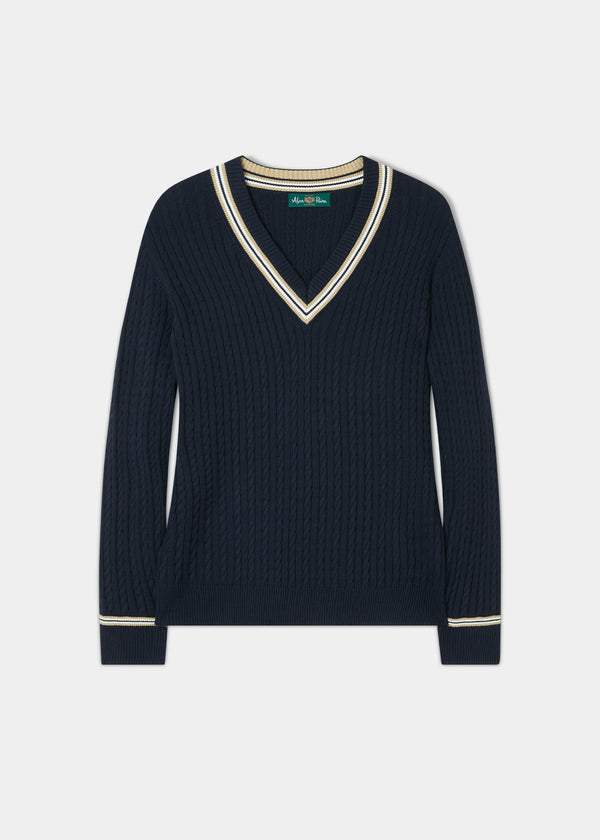 alan paine Ladies Cable Knit Cricket Jumper In Dark Navy