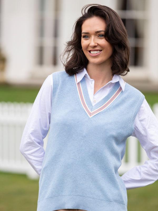 Alan Paine Ladies Cotton Cricket Slipover In Steel Blue Mix