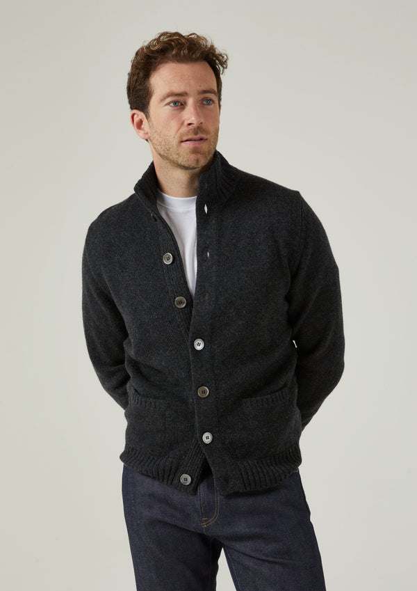 Alan Paine Landford Men's Lambswool Buttoned Jumper In Charcoal - Regular Fit