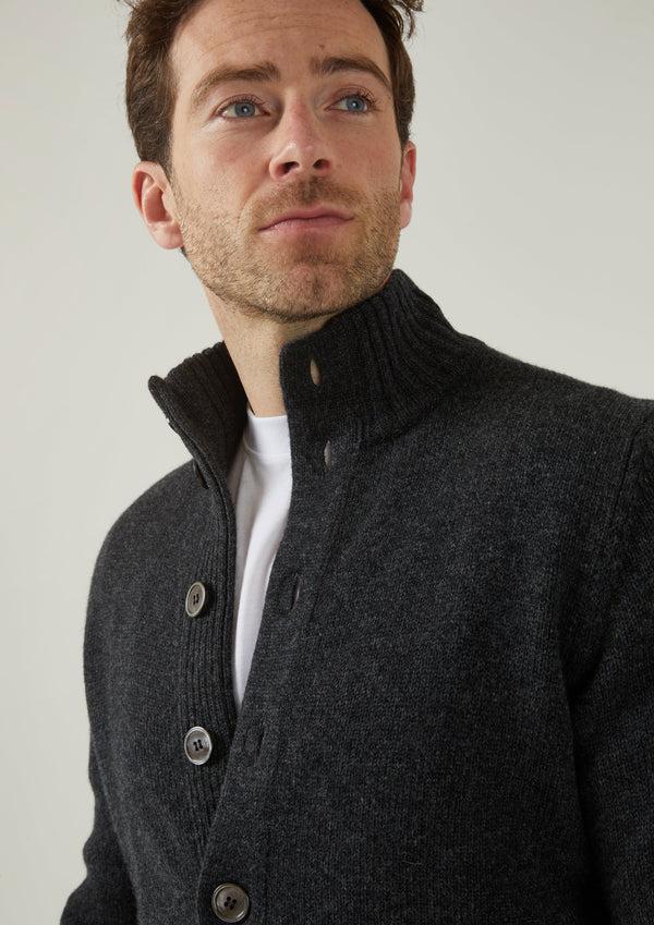 Alan Paine Landford Men's Lambswool Buttoned Jumper In Charcoal - Regular Fit