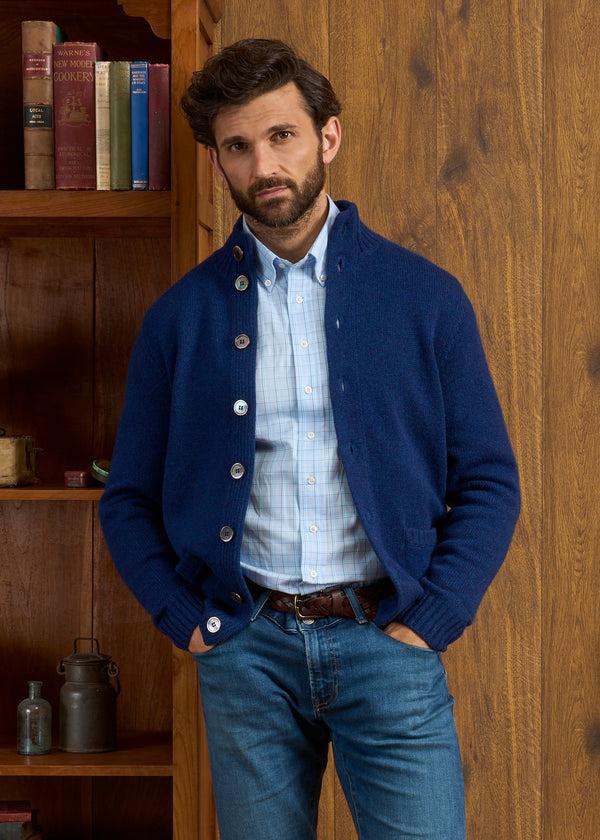 Alan Paine Landford Men's Lambswool Buttoned Jumper In Indigo - Regular Fit