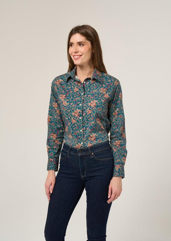 Alan Paine Lawen Ladies Printed Cotton Shirt - Blue Floral Design