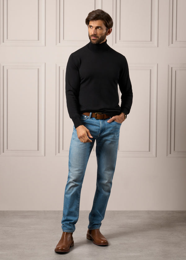 Alan Paine Linton Merino Wool Roll Neck Jumper In Black - Regular Fit