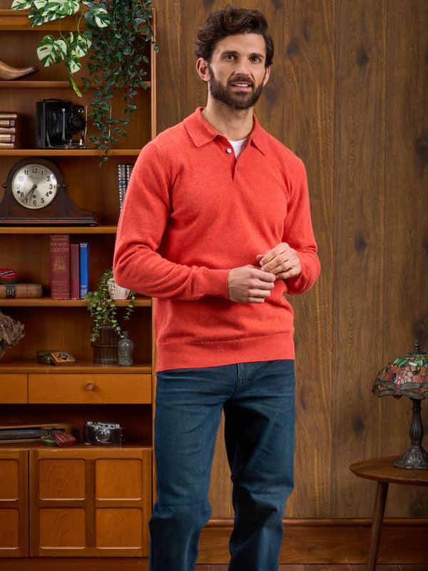 Alan Paine Men's Geelong Lambswool Long Sleeve Polo Shirt In Fire - Regular Fit