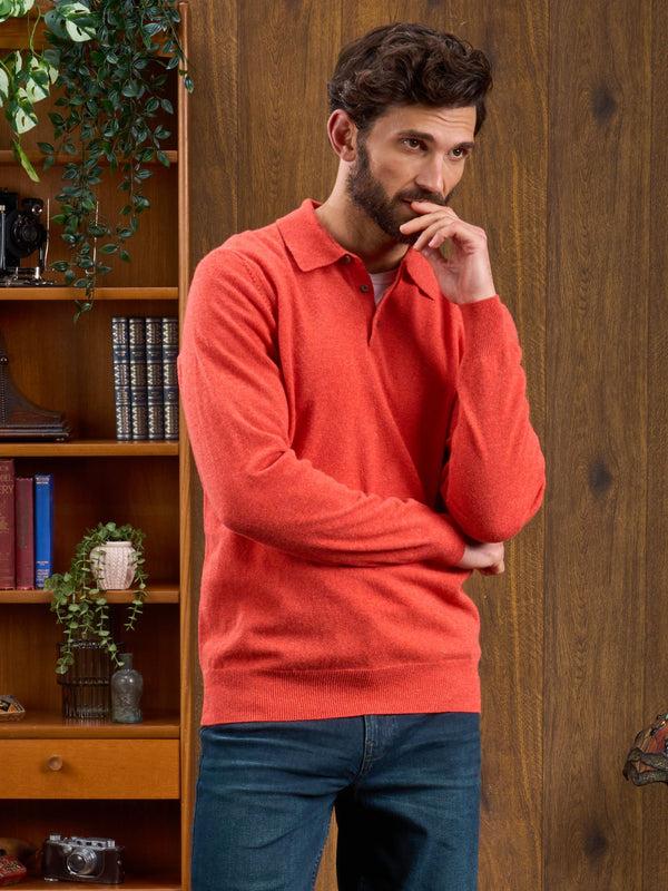 Alan Paine Men's Geelong Lambswool Long Sleeve Polo Shirt In Fire - Regular Fit