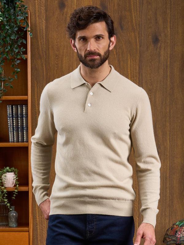 Alan Paine Men's Geelong Lambswool Long Sleeve Polo Shirt In Natural - Regular Fit