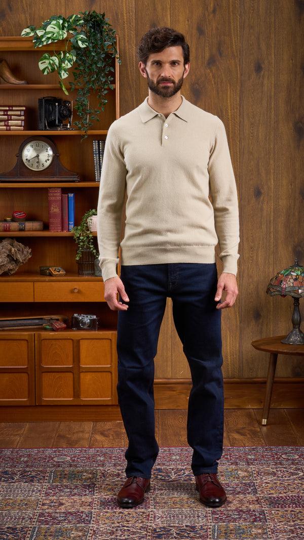 Alan Paine Men's Geelong Lambswool Long Sleeve Polo Shirt In Natural - Regular Fit