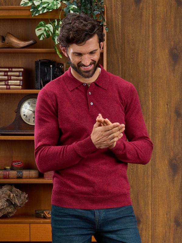Alan Paine Men's Geelong Lambswool Long Sleeve Polo Shirt In Rosso - Regular Fit