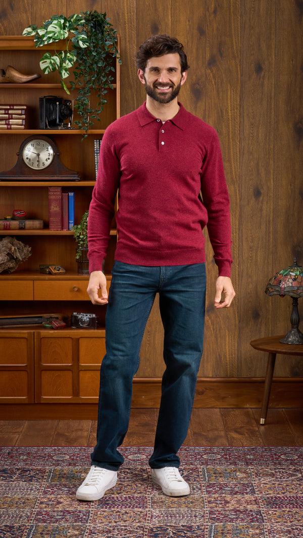 Alan Paine Men's Geelong Lambswool Long Sleeve Polo Shirt In Rosso - Regular Fit