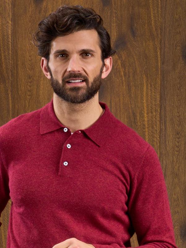 Alan Paine Men's Geelong Lambswool Long Sleeve Polo Shirt In Rosso - Regular Fit