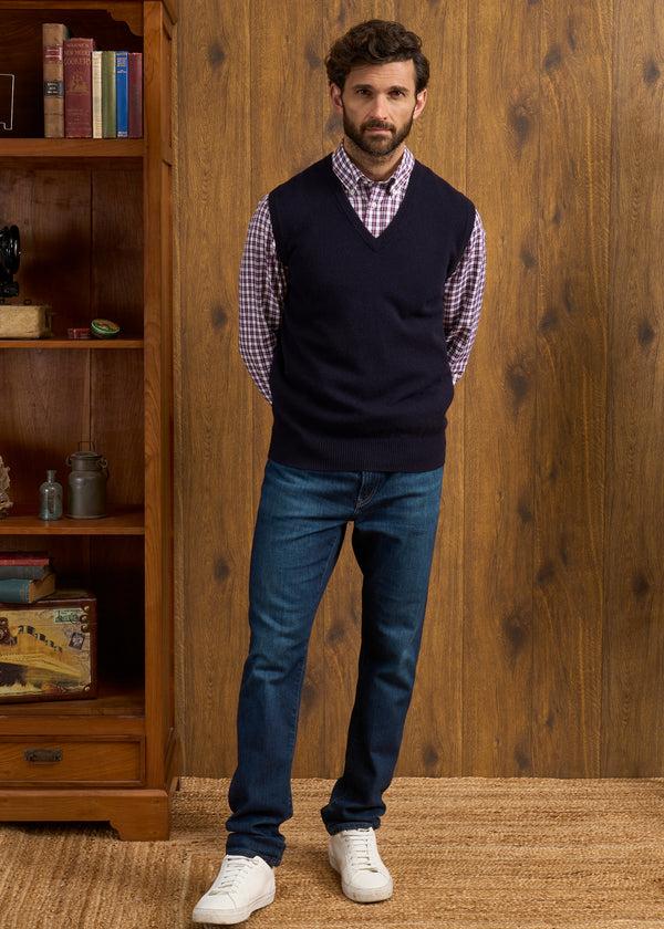 Alan Paine Norfolk Men's Lambswool Slipover In Navy - Classic Fit