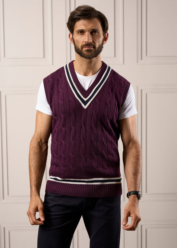 Alan Paine Padworth Men's Black Grape Cable-Knit Cricket Slipover