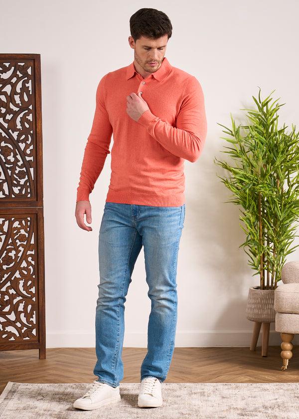 Alan Paine Pentlow Luxury Cotton Long Sleeve Polo Shirt In Coral