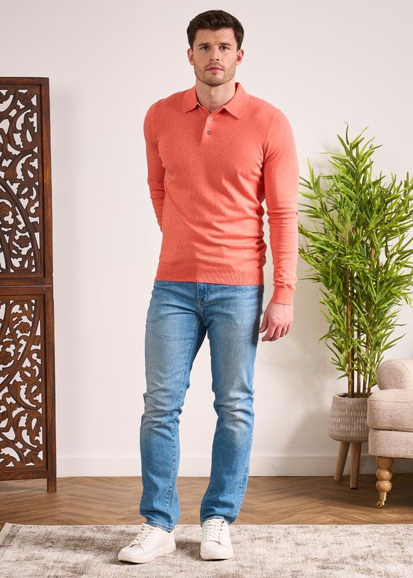 Alan Paine Pentlow Luxury Cotton Long Sleeve Polo Shirt In Coral