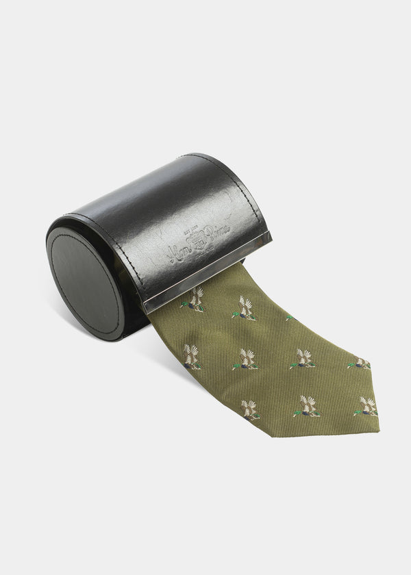 alan paine Ripon Silk Country Tie In Olive - Duck Design
