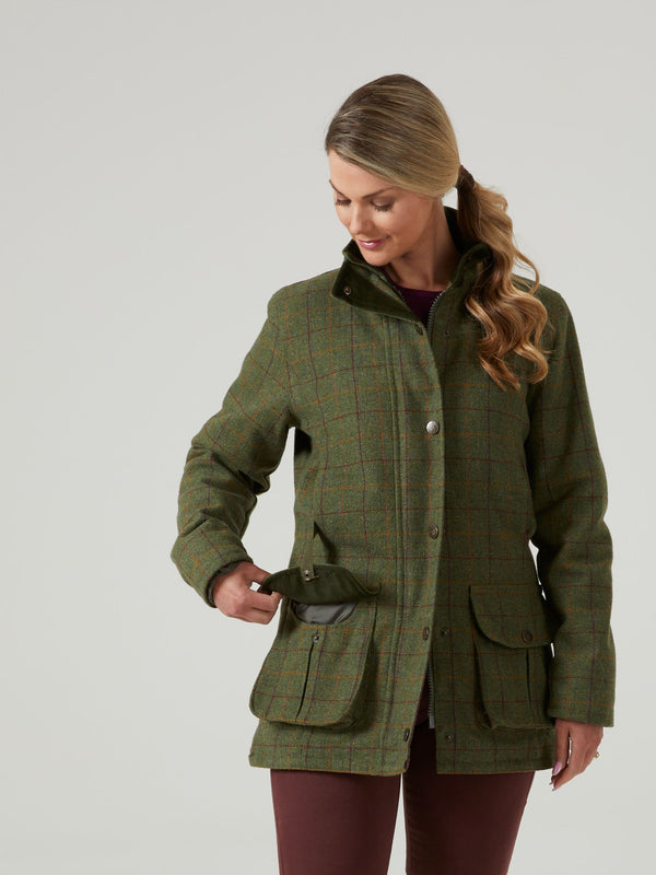 Alan Paine Rutland Ladies Tweed Waterproof Shooting Coat In Pine