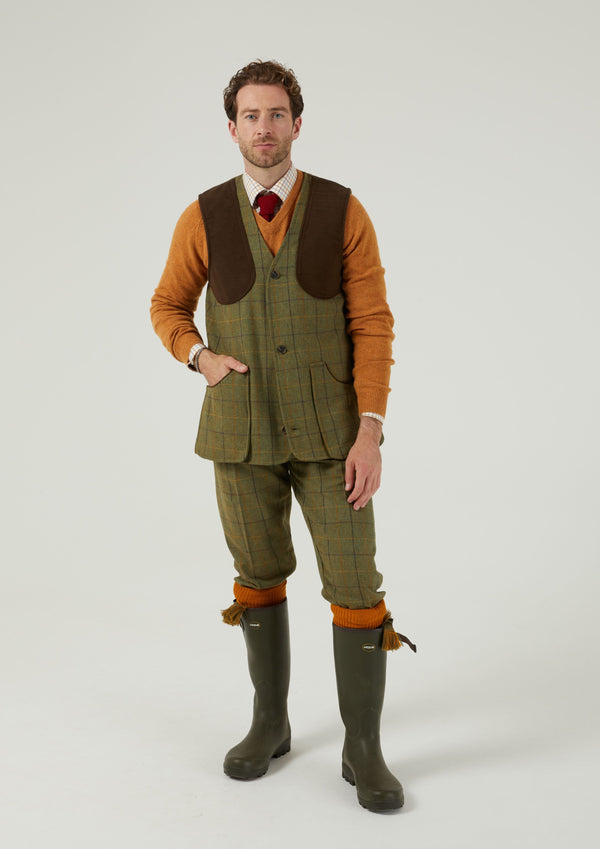 Alan Paine Rutland Men's Tweed Shooting Waistcoat In Dark Moss - Shooting Fit