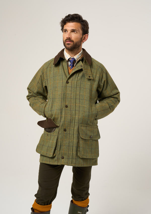 Alan Paine Rutland Men's Tweed Waterproof Shooting Coat In Dark Moss - Regular Fit