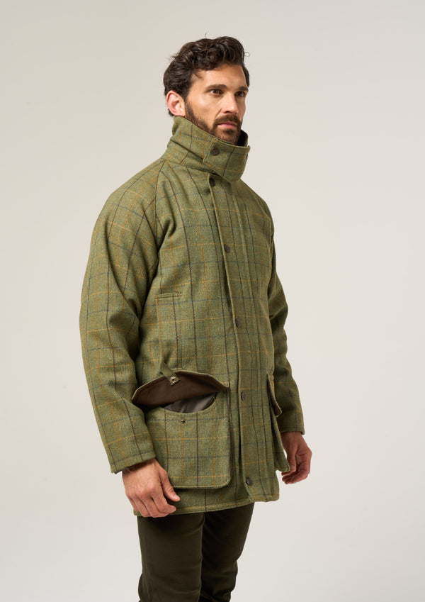 Alan Paine Rutland Men's Tweed Waterproof Shooting Coat In Dark Moss - Regular Fit