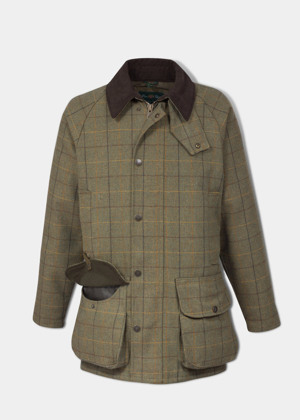 alan paine Rutland Men's Tweed Waterproof Shooting Coat In Dark Moss - Regular Fit