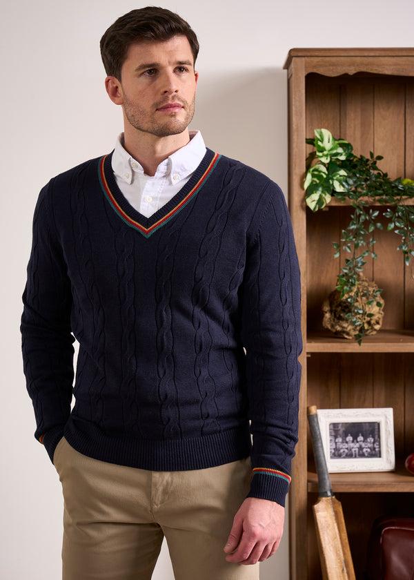 Alan Paine Sandford Cotton Cashmere Cable Knit Vee Neck Jumper In Dark Navy
