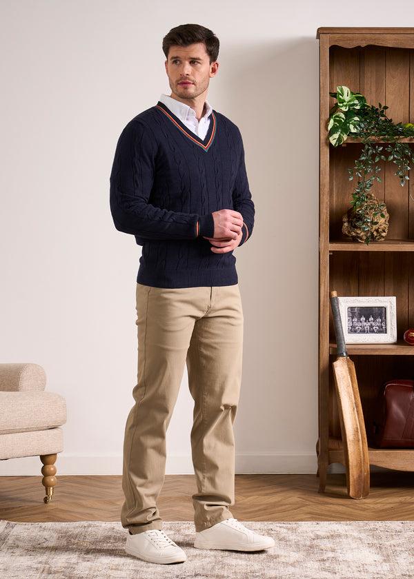 Alan Paine Sandford Cotton Cashmere Cable Knit Vee Neck Jumper In Dark Navy