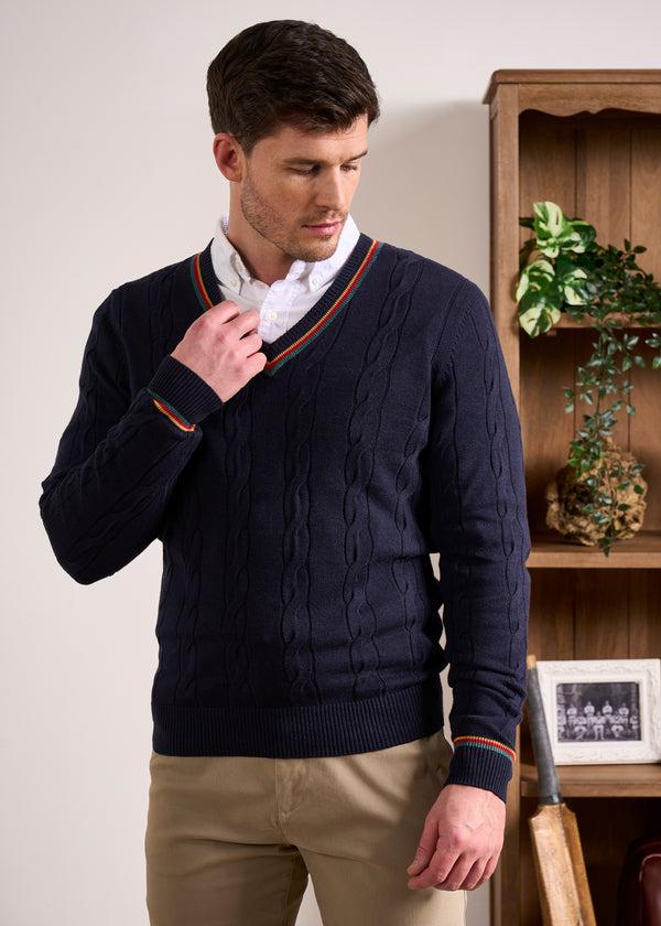 Alan Paine Sandford Cotton Cashmere Cable Knit Vee Neck Jumper In Dark Navy