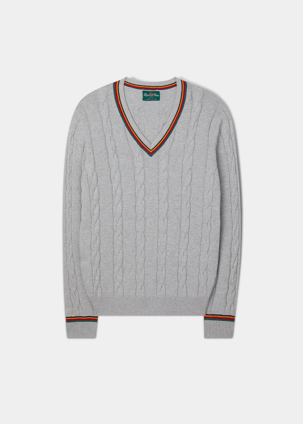 alan paine Sandford Cotton Cashmere Cable Knit Vee Neck Jumper In Dove