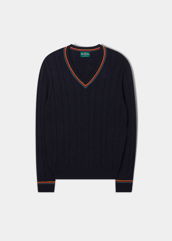 alan paine Sandford Cotton Cashmere Cable Knit Vee Neck Jumper In Dark Navy