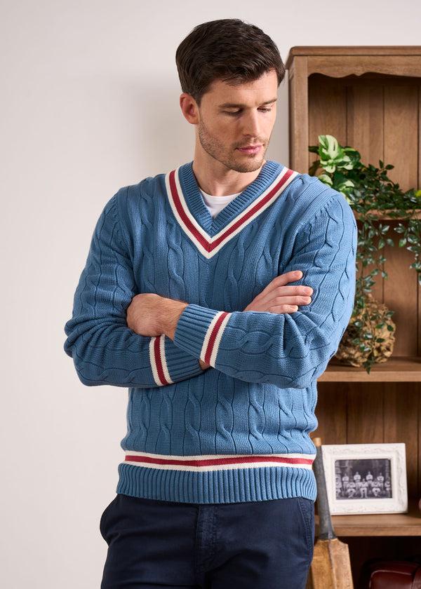 Alan Paine Sandridge Cable Knit Cricket Jumper In Airforce & Cherry