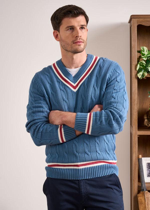 Alan Paine Sandridge Cable Knit Cricket Jumper In Airforce & Cherry