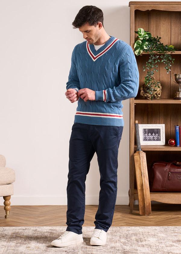 Alan Paine Sandridge Cable Knit Cricket Jumper In Airforce & Cherry