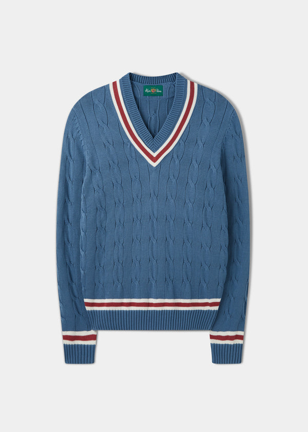 alan paine Sandridge Cable Knit Cricket Jumper In Airforce & Cherry