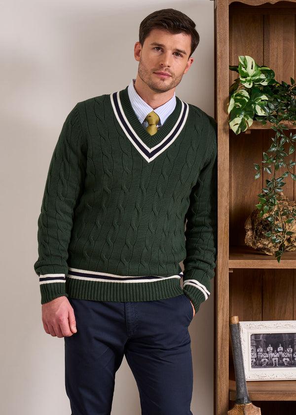 Alan Paine Sandridge Cable Knit Cricket Jumper In AP Green & Dark Navy
