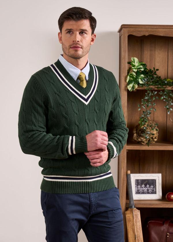 Alan Paine Sandridge Cable Knit Cricket Jumper In AP Green & Dark Navy