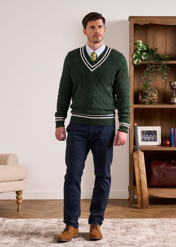 Alan Paine Sandridge Cable Knit Cricket Jumper In AP Green & Dark Navy