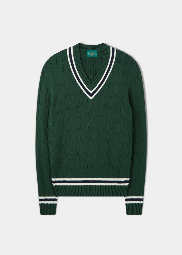 alan paine Sandridge Cable Knit Cricket Jumper In AP Green & Dark Navy
