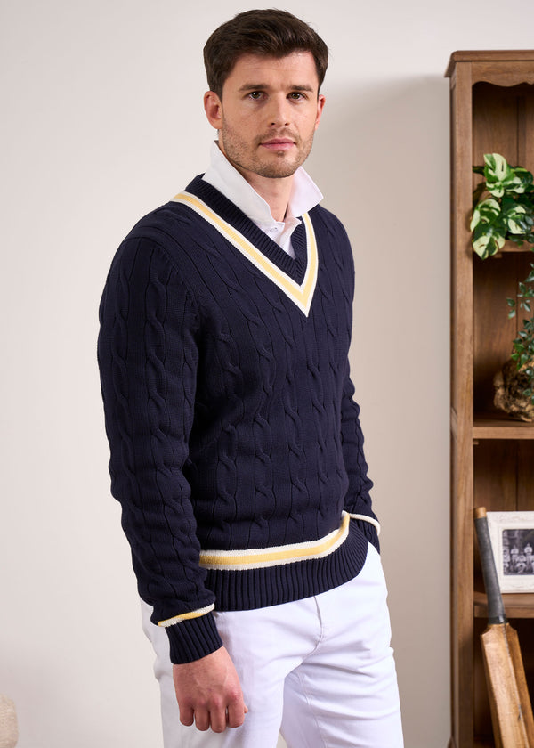 Alan Paine Sandridge Cable Knit Cricket Jumper In Dark Navy & Sun