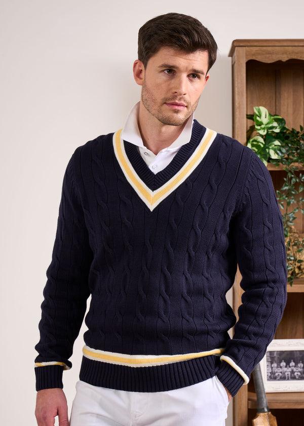 Alan Paine Sandridge Cable Knit Cricket Jumper In Dark Navy & Sun